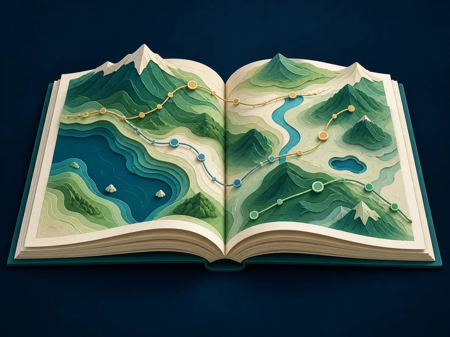 Atlas abierto con un paisaje de papel en relieve y distintas rutas conectadas, una ilustración de la exploración de ideas.